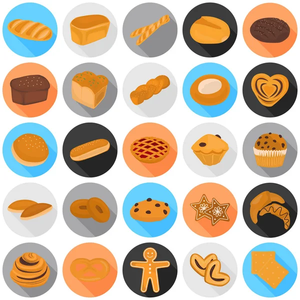 Conjunto de produtos de padaria ícone de cor plana para web e design móvel —  Vetores de Stock
