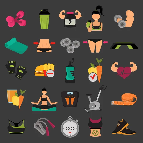 Uppsättning av sport och fitness färg platt ikoner för webb och mobil design — Stock vektor