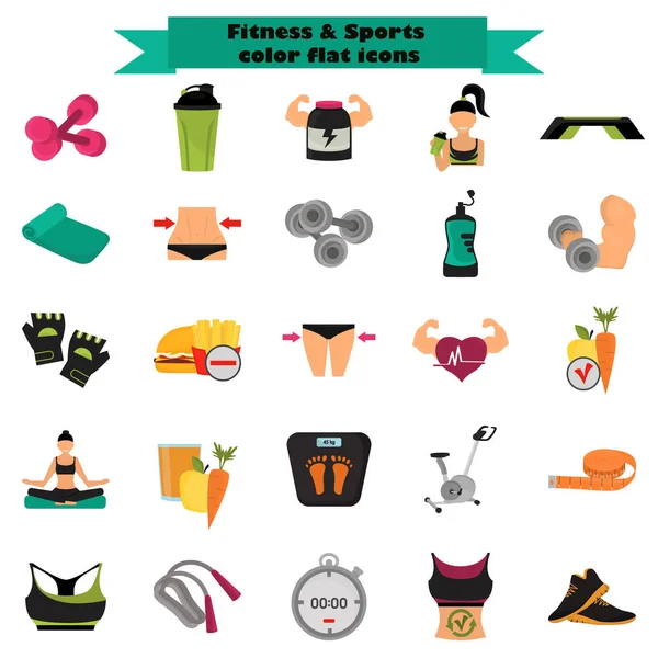 Ensemble d'icônes plates couleur sport et fitness pour web et design mobile — Image vectorielle