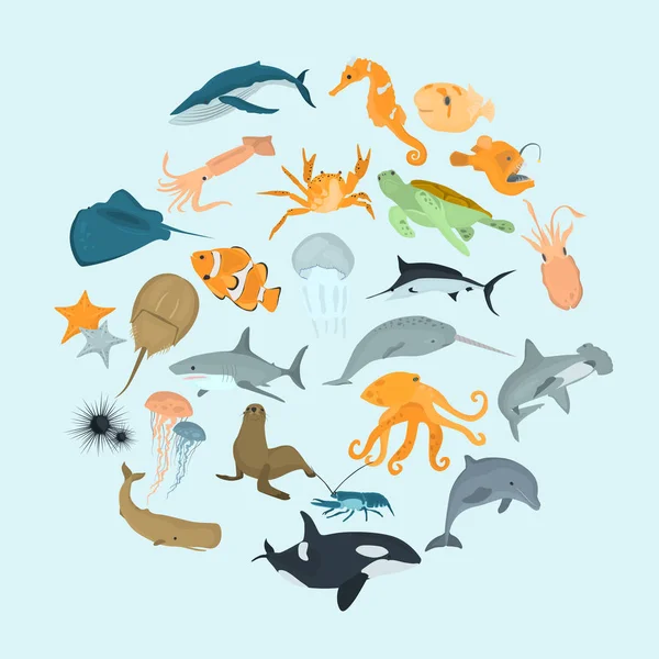 Conjunto de animais do mar cor ícones planos para web e design móvel — Vetor de Stock