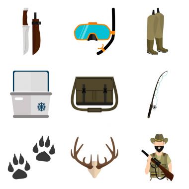 Renk düz Avcılık ve balıkçılık simgeler web ve mobil tasarım için ayarla