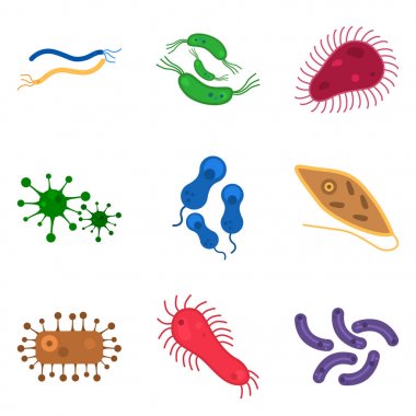 Web ve mobil tasarım için basit mikroplar renk düz simgeler kümesi