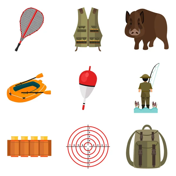 Ensemble d'icônes plates de chasse et de pêche de couleur pour le web et le design mobile — Image vectorielle