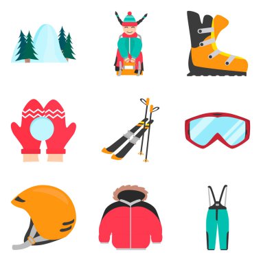 Web ve mobil tasarım için kış dinlenme ve spor renk düz Icons set