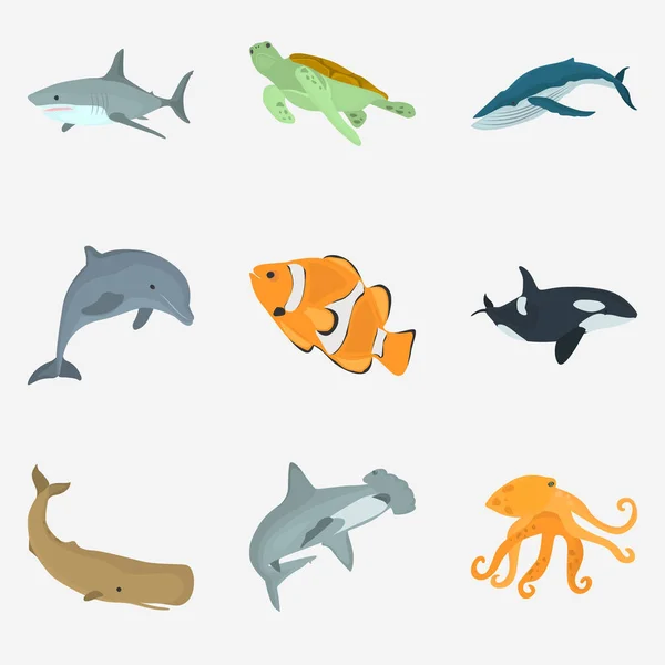 Conjunto de animais do mar cor ícones planos para web e design móvel —  Vetores de Stock