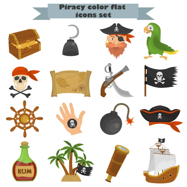 Conjunto de iconos planos de color pirata para diseño web y móvil — Vector de stock