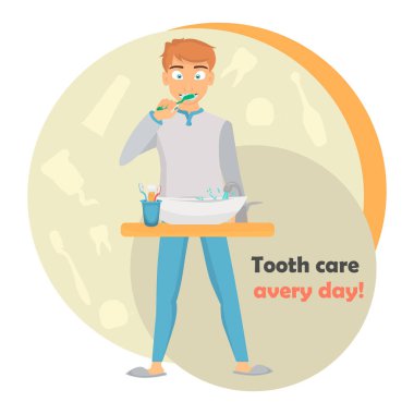 Adam onun diş rengi illüstrasyon fırçalama. Web ve mobil tasarım için diş bakımı