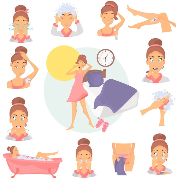 Manhã menina higiene cor plana ícones conjunto. Menina despertar ilustração para web e design móvel —  Vetores de Stock