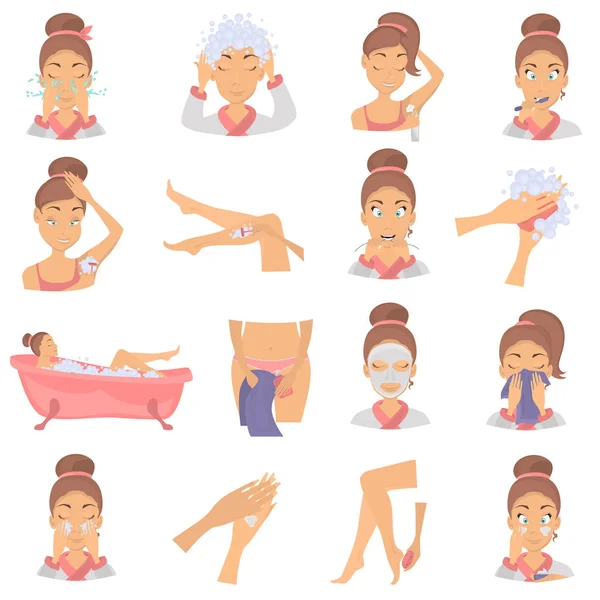 Sabah kız hijyen renk düz Icons set. Gösterim amacıyla web ve mobil tasarım uyanış kız