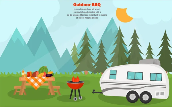 Bannière de temps de barbecue d'air frais de montagne pour le Web et le design mobile — Image vectorielle