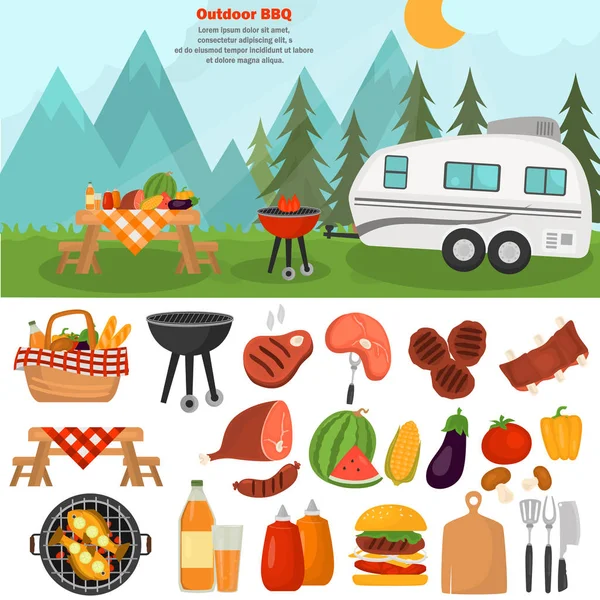 Barbeque color icons set for web and mobile design. Outdoor mountains bbq time illustration — Stock Vector