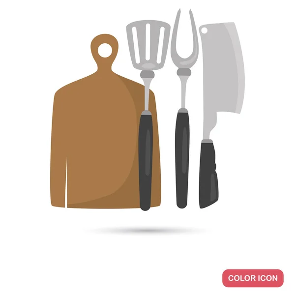 Equipo para barbacoa. Tabla de cortar, cuchara, tenedor y cuchillo icono de color para el diseño web y moile — Archivo Imágenes Vectoriales