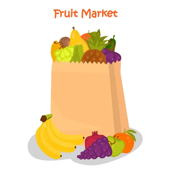 Sacchetto di carta con illustrazione a colori di frutta per web e design mobile — Vettoriale Stock