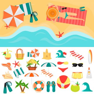Plaj geri kalan renk simgeler kümesi. Kız sahilde web ve mobil tasarım için renk illüstrasyon güneşlenme
