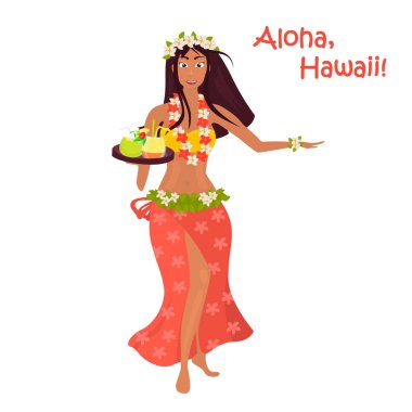 Hawaiian kız egzotik kokteyller renk illüstrasyon ile tebrik