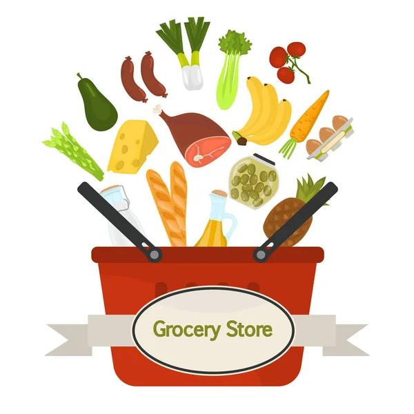 Košík s potravinami produkty barevné ilustrace pro web a mobilní design — Stockový vektor