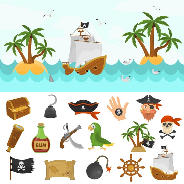 Pirates temps icônes de couleur ensemble. Bateau pirate à l'océan illustration couleur pour le web et le design mobile — Image vectorielle
