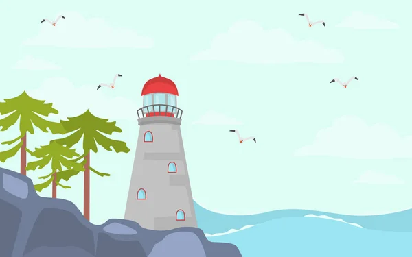 Faro en la playa ilustración a color para diseño web y móvil — Vector de stock