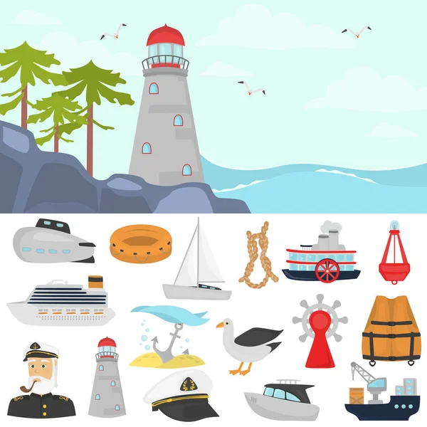 Ensemble d'icônes plates de couleur d'expédition. Phare sur la plage illustration couleur pour web et mobile design — Image vectorielle