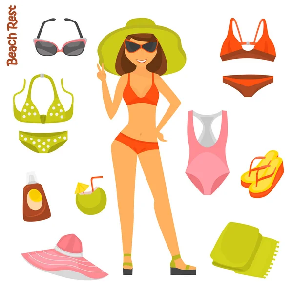 Ragazza in costume da bagno e set di colori spiaggia icone per il web e il design mobile — Vettoriale Stock