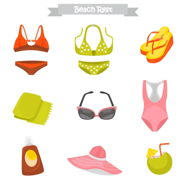 Spiaggia di riposo a colori icone piatte per il web e mobile design — Vettoriale Stock