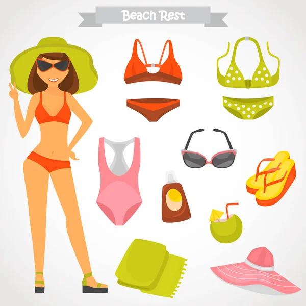 Ragazza in costume da bagno e set di colori spiaggia icone per il web e il design mobile — Vettoriale Stock