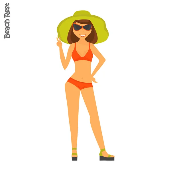 Chica sonriente en traje de baño y sombrero ilustración a color para el diseño web y móvil — Vector de stock