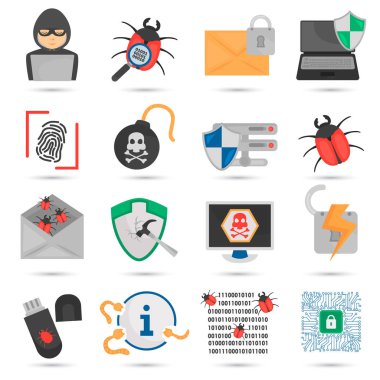 Renk düz Icons set siber saldırı ve koruma