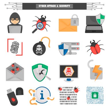 Renk düz Icons set siber saldırı ve koruma