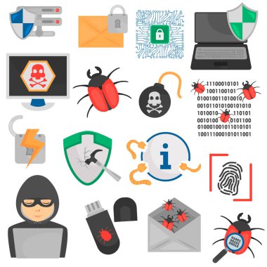 Renk düz Icons set siber saldırı ve koruma