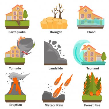 Doğal afetler düz ayarlamak renk. Vektör çizimler