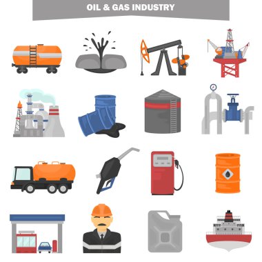 Petrol ve gus sanayi renk düz Icons set