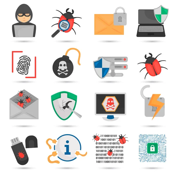 Renk düz Icons set siber saldırı ve koruma