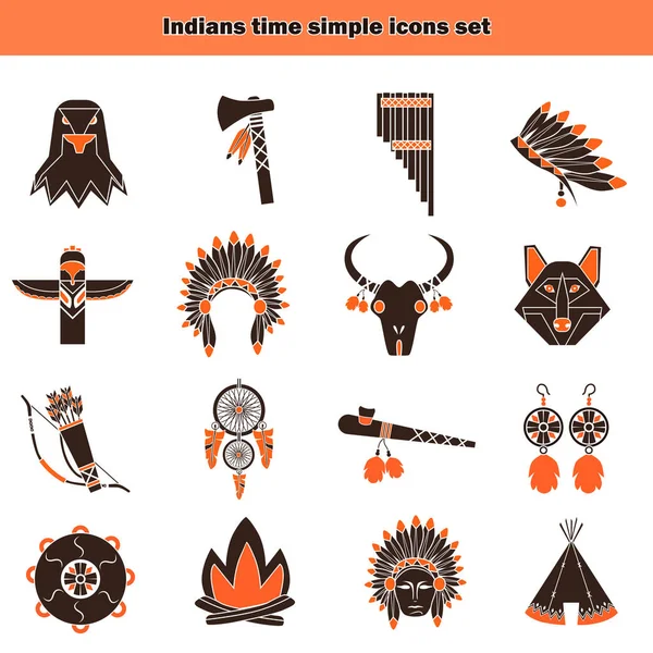 Indianen tijd eenvoudige pictogrammen set — Stockvector