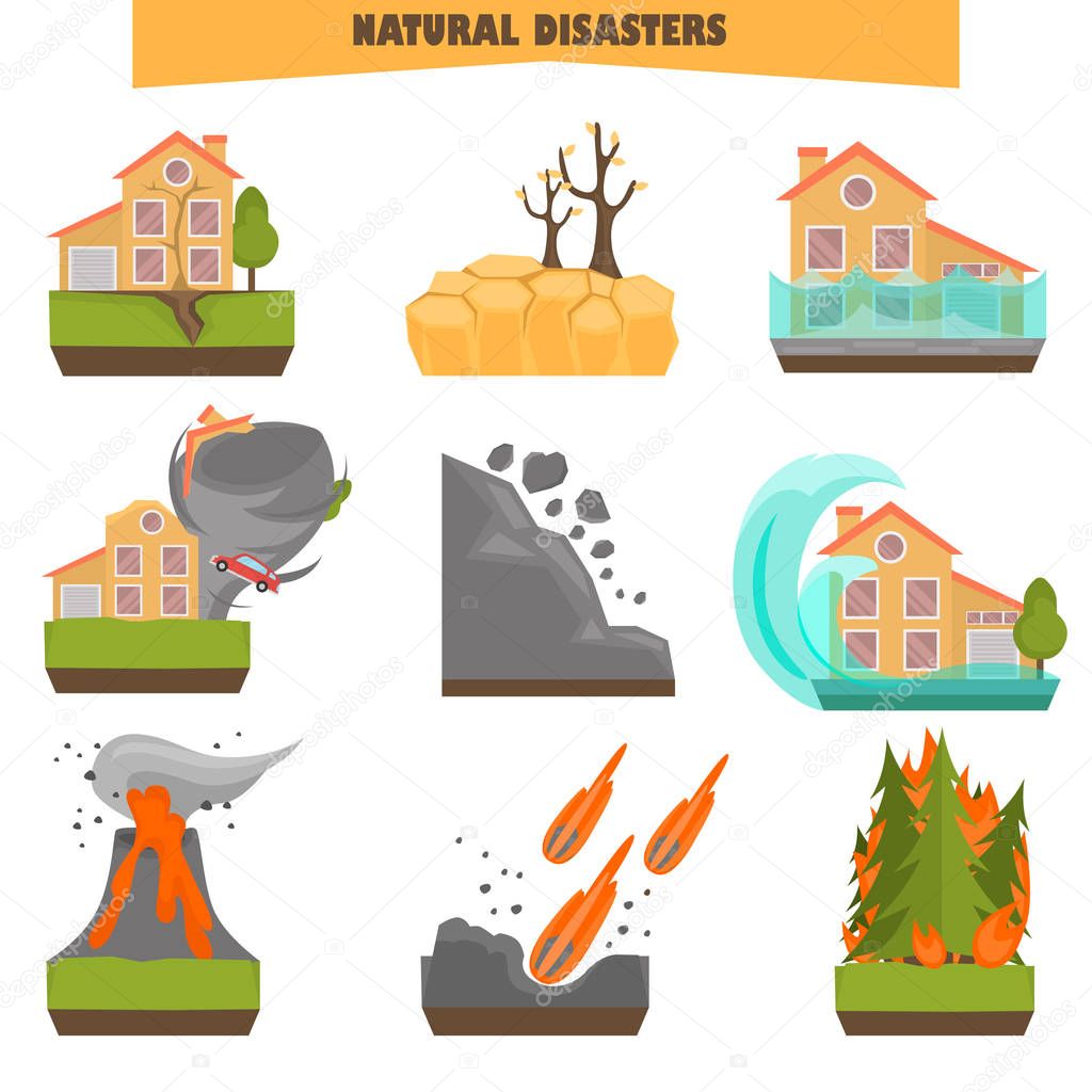 Natural disasters color flat set. Vector illustrations