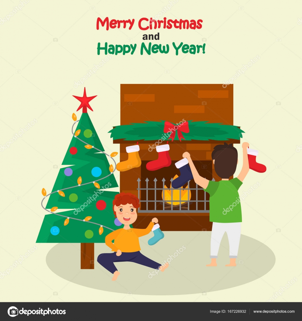 I bambini decorano camino con Natale calze colore illustrazione — Vettoriale Stock