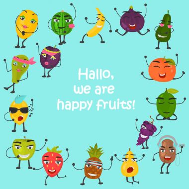 Komik meyve renk düz Icons set