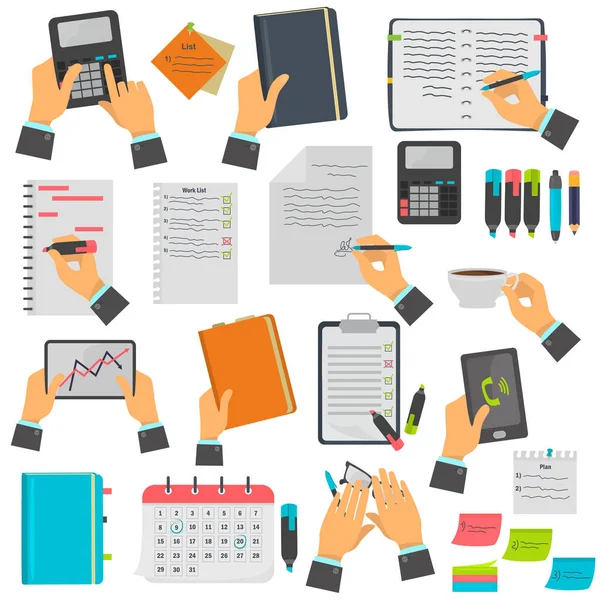 Notas de negocios, calendario, lista de tareas pendientes, cuaderno, conjunto de iconos de color tableta. Diferentes manipulaciones empresariales aisladas en blanco — Vector de stock