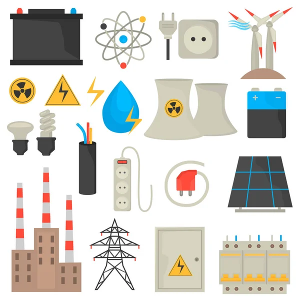 Conjunto de iconos planos de color de electricidad y potencia — Vector de stock