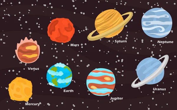 Planeten des Sonnensystems Farb-Symbole auf Weltraum-Hintergrund gesetzt — Stockvektor
