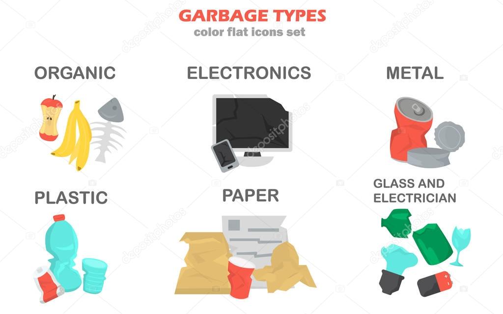 Different kinds of garbage color icons set