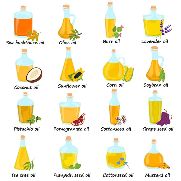 Set van verschillende natuurlijke oliën flessen kleur plat pictogrammen — Stockvector