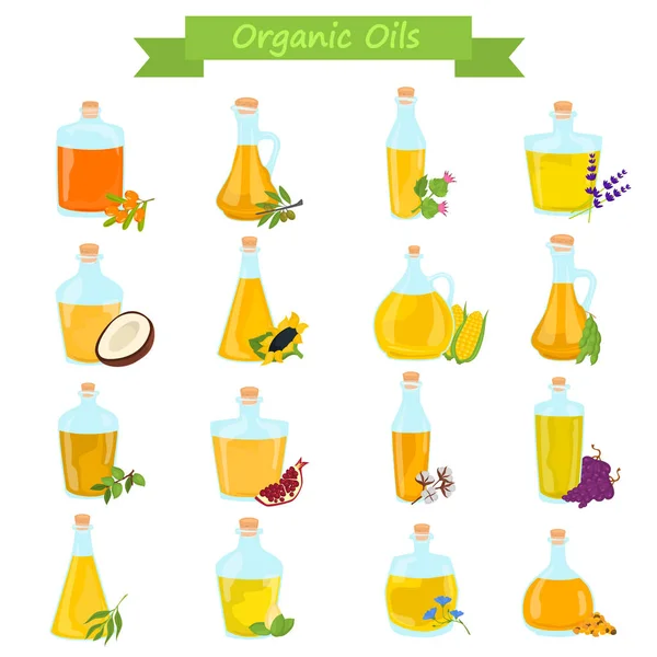 Set of different natural oils bottles color flat icons — Stock Illustration Set of different natural oils bottles color flat icons Stock Illustration