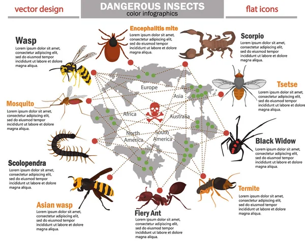 Insectos peligrosos y su hábitat infografías de color — Archivo Imágenes Vectoriales
