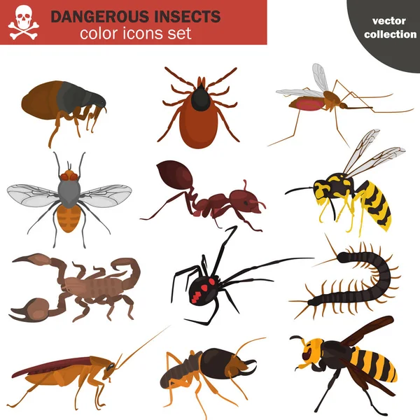 Set pf insectos peligrosos color iconos planos — Archivo Imágenes Vectoriales
