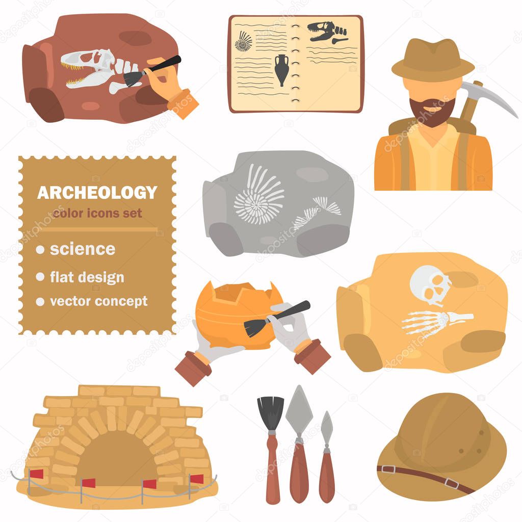 Archeology color flat icons set for web and mobile design