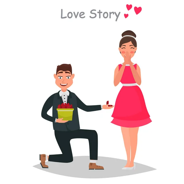 Guy faz a oferta de casamento para sua menina cor plana ilustração — Vetor de Stock