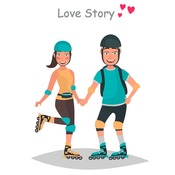 Casal apaixonado passeio os rolos cor plana ilustração —  Vetores de Stock
