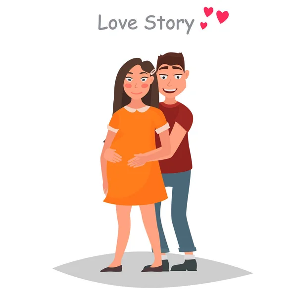 Σύζυγος αγκαλιάζει μια έγκυος γυναίκα χρώμα επίπεδη απεικόνιση — Διανυσματικό Αρχείο