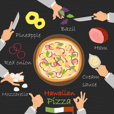 Hawaiian tarifi pizza Oluşturucu siyah ahşap zemin üzerine